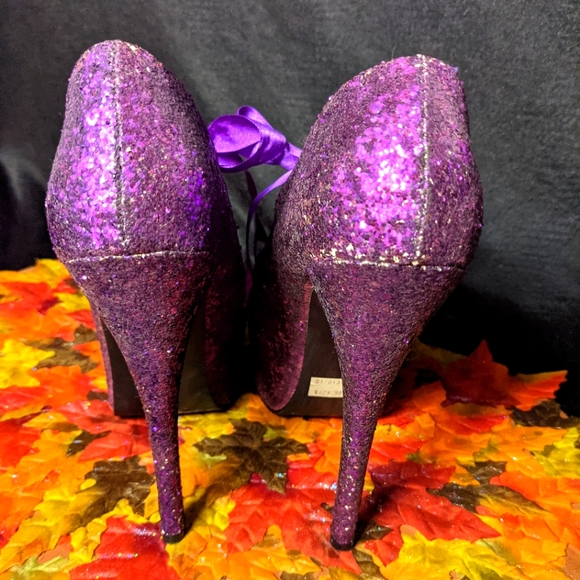 Purple Sparkle Bordellos with toe cut out ribbon detail size 9 burlesque goth - Picture 3 of 8